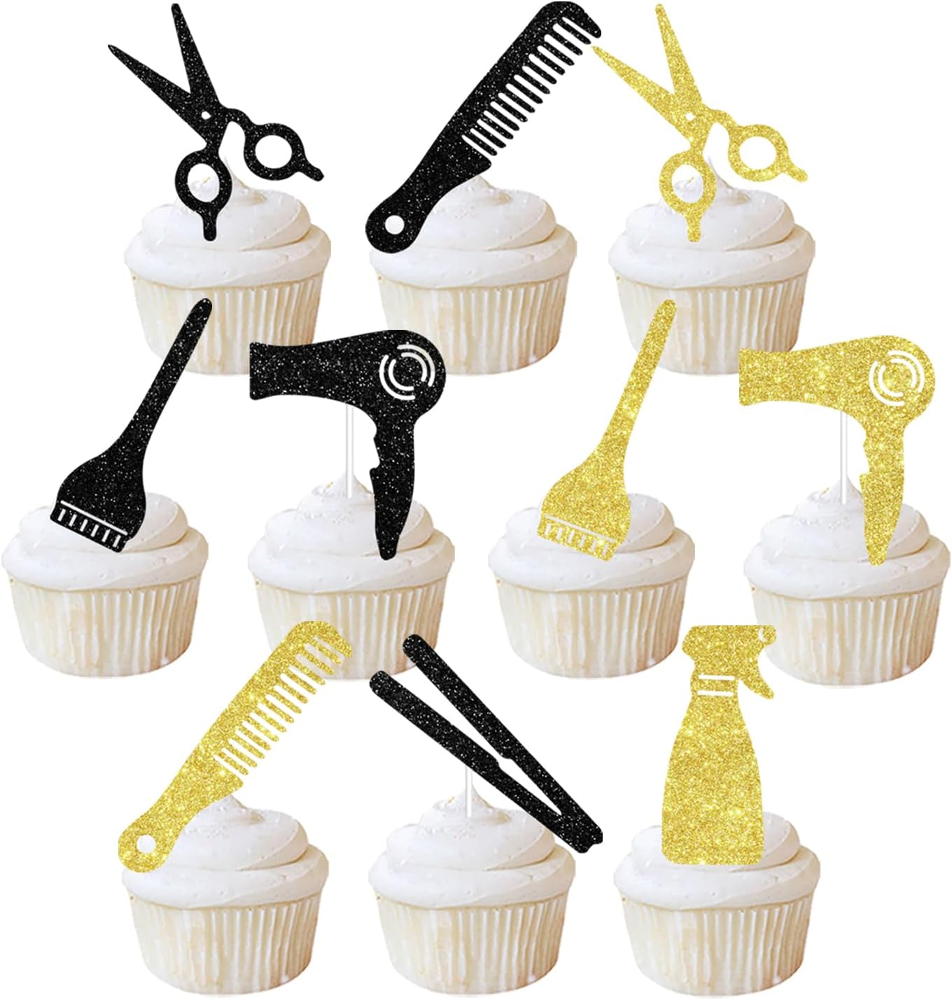 36PCS Hairdresser Cupcake Toppers, Black & Golden Glitter Barbershop Cupcake Picks, Cake Decorations for Haircut Salon/Bridal Shower/Birthday/Retirement Party, Hairstylist Party Decorations