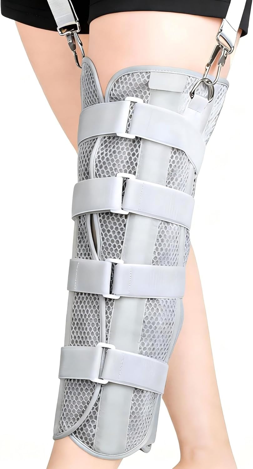 3-Panel Knee Immobilizer Brace - Post-Op Leg Stabilizer for Pre-and Postoperative Injuries, Ligament Tears, and Fractures - Straight Leg Support with Anti-Slip Shoulder Strap