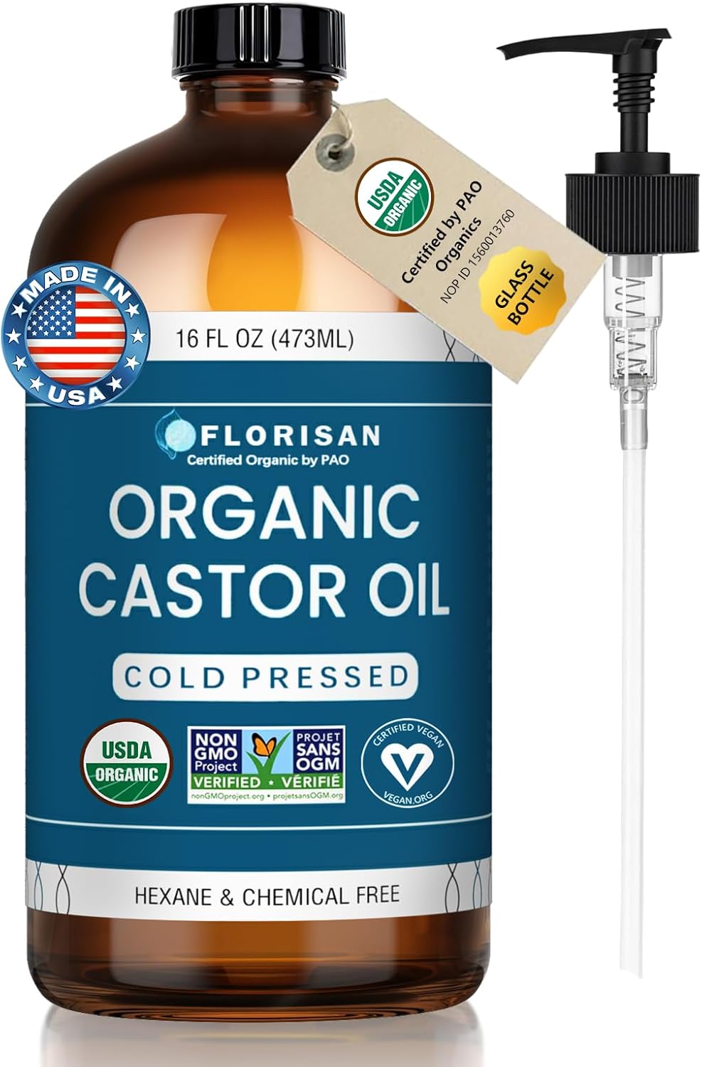 Florisan Organic Castor Oil 16oz Glass Bottle, Cold Pressed, Hexane-Free, Non-GMO, 100% Pure Castor Oil for Hair Growth, Skin, Lashes, Eyebrows, EWG Verified & USDA Organic Certified