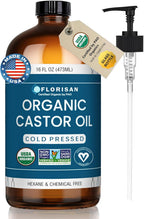Florisan Organic Castor Oil 16oz Glass Bottle, Cold Pressed, Hexane-Free, Non-GMO, 100% Pure Castor Oil for Hair Growth, Skin, Lashes, Eyebrows, EWG Verified & USDA Organic Certified