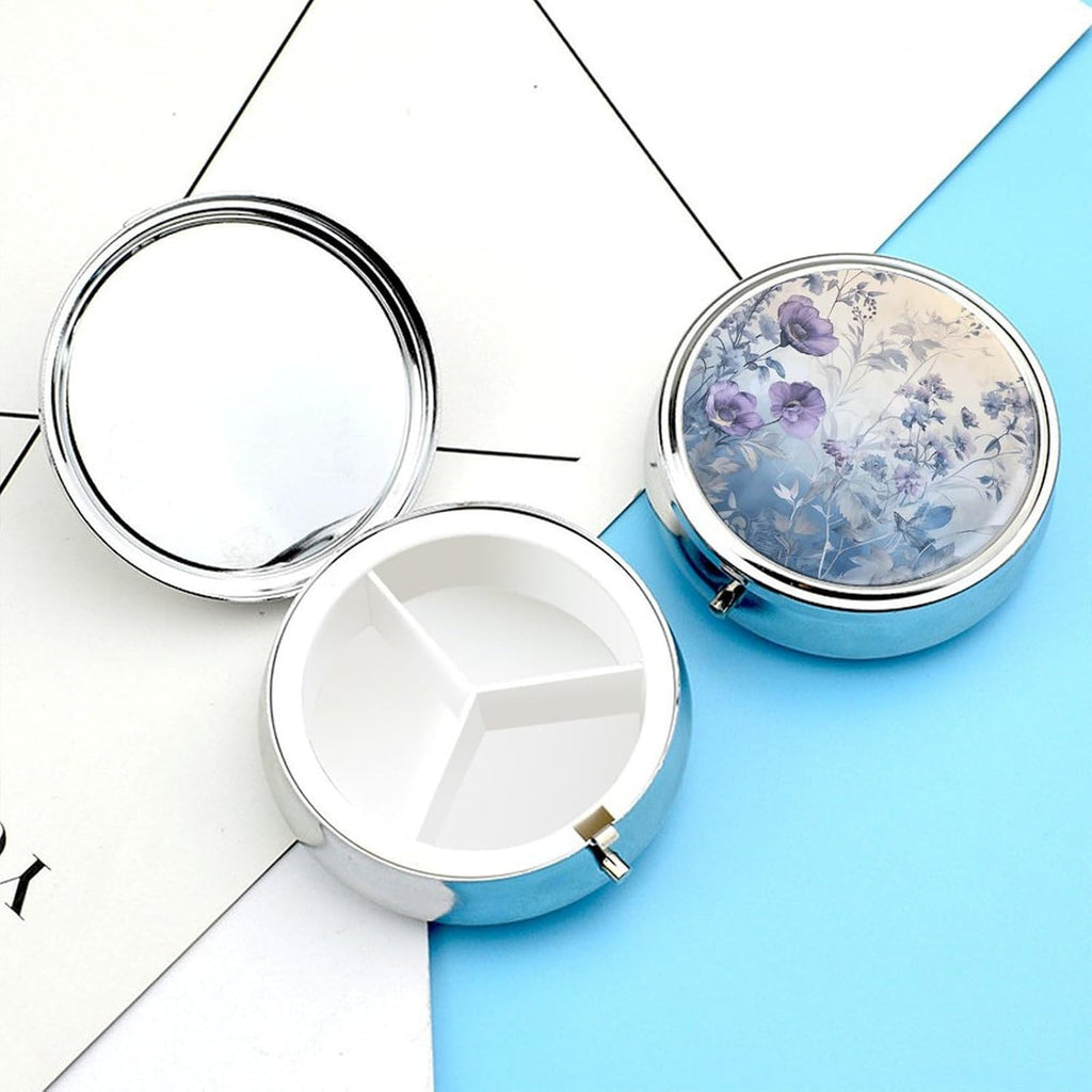 Pill Box Pill Case for Woman Weekly Pill Organizer with 3 Compartments Purple Border Flowers Small Pillbox Pill Container Portable Vitamin Holder Boxes for Travel Medicine Organizer