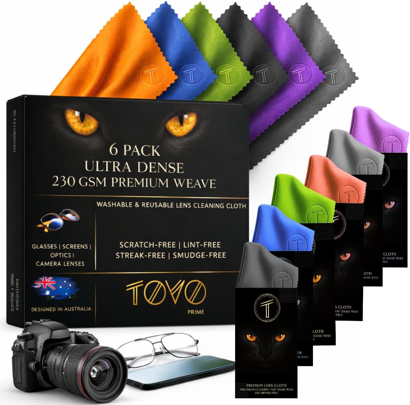 Microfiber Lens Cleaning Cloth for Glasses & Camera | 6 Packs, 6"x7", 230 GSM | Eyeglass Lens Cleaner | Glasses Cleaning Cloths | Screens, Tablet, Laptop & Headset | Eyeglass Cleaner | TOVO Prime