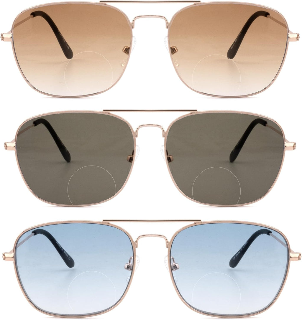 3 Pack Aviator Bifocal Reading Sunglasses for Men Wome Double Bridge Sun Readers Gradient Lens Metal Frame Shades, Rose Gold/Light Gold Frame, Gradient Blue Brown G15, + 2.50