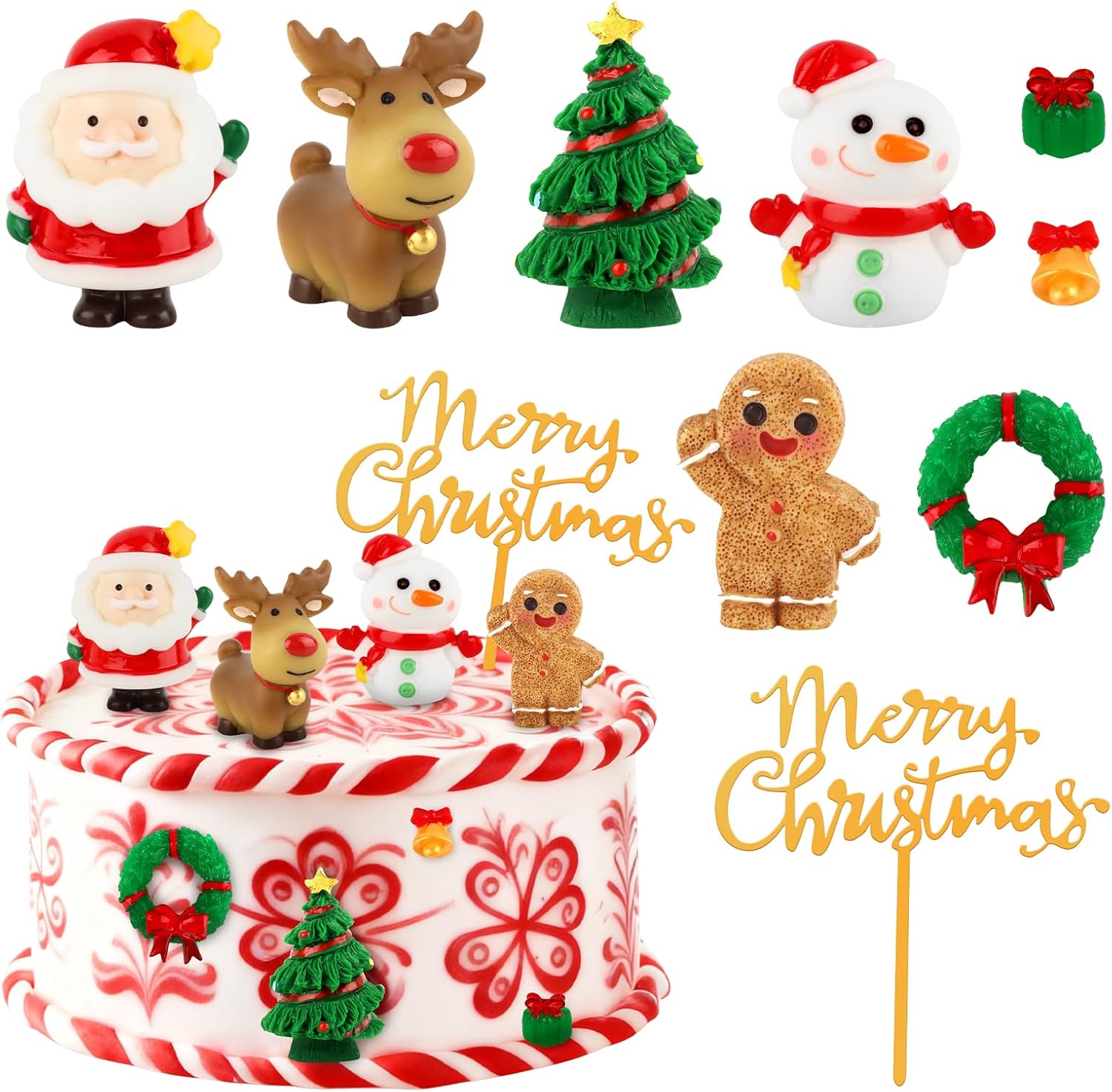 9 Pcs Christmas 3D Cartoon Figurine Ornaments Set Cake Toppers Decorations Mini Resin Santa Claus Christmas Trees Snowman Ornaments for Cake Toppers Tree Decor Holiday Crafts