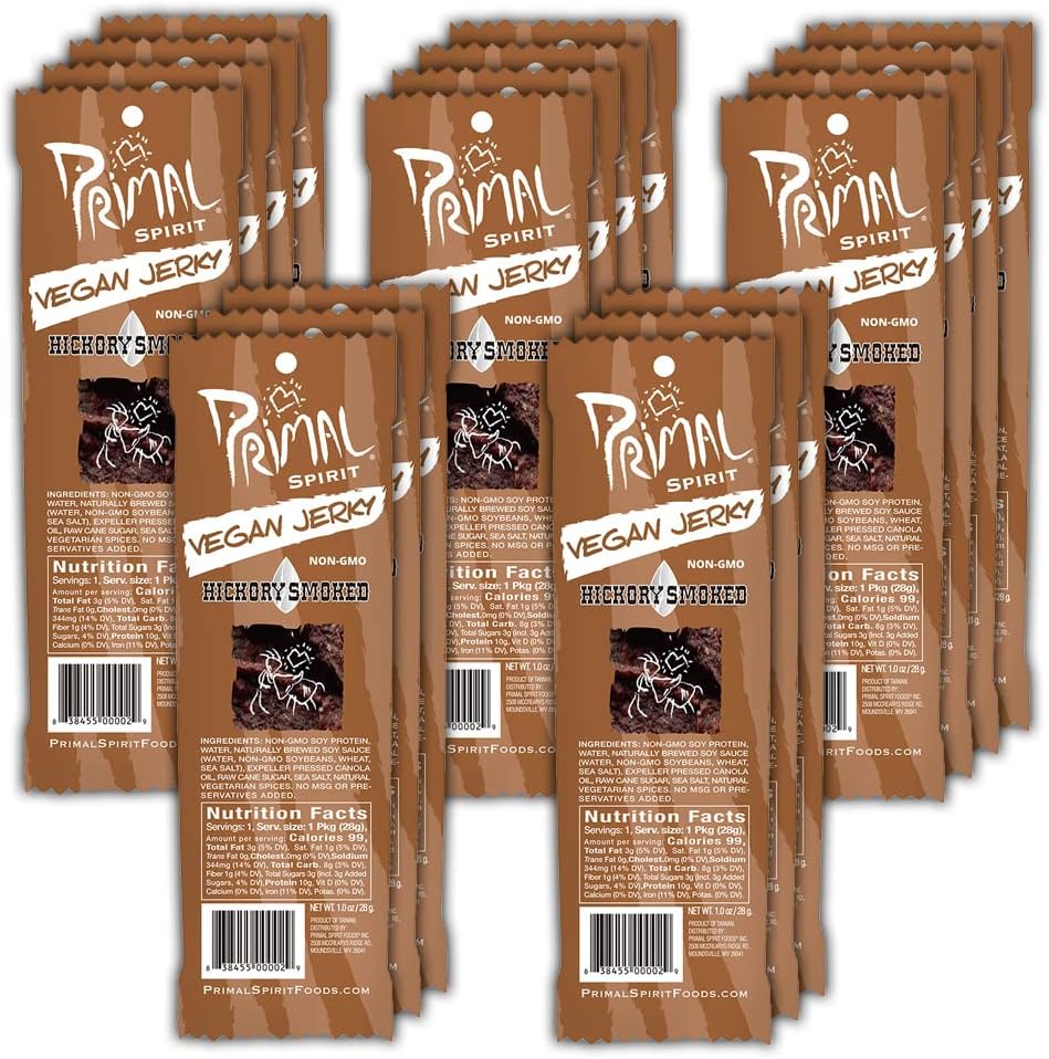 Primal Spirit Vegan Jerky – “Classic Flavor” – Hickory Smoked, 10 g. Plant Based Protein per oz., Certified Non-GMO, No Preservatives, Sports Friendly Packaging (18 Pack, 1 oz. ea.)