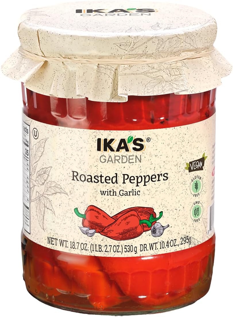 Ika’s Garden Roasted Peppers with Garlic, 18.7 oz – Fire-Roasted Sweet Peppers in Olive Oil | Vegan | Gluten-Free | GMO-Free | Ready-to-Serve