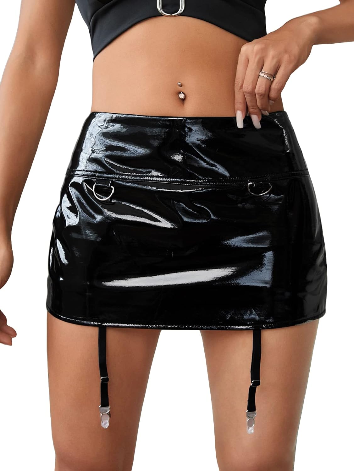 WDIRARA Women's Low Waist Pu Leather Club Bodycon Mini Skirt with Garter Belts