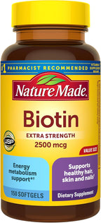 Nature Made Biotin 2500 mcg Extra Strength, Biotin Supplements Support Healthy Hair Skin & Nails, 150 Softgels, 150 Day Supply
