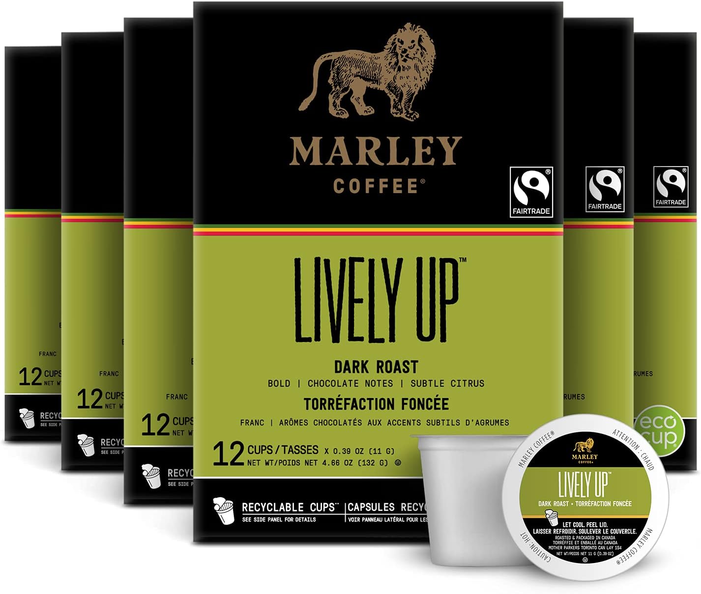 Marley Coffee Lively Up, Fairtrade Certified, Dark Roast Coffee, Keurig K-Cup Brewer Compatible Pods, 12 Count (Pack of 6)