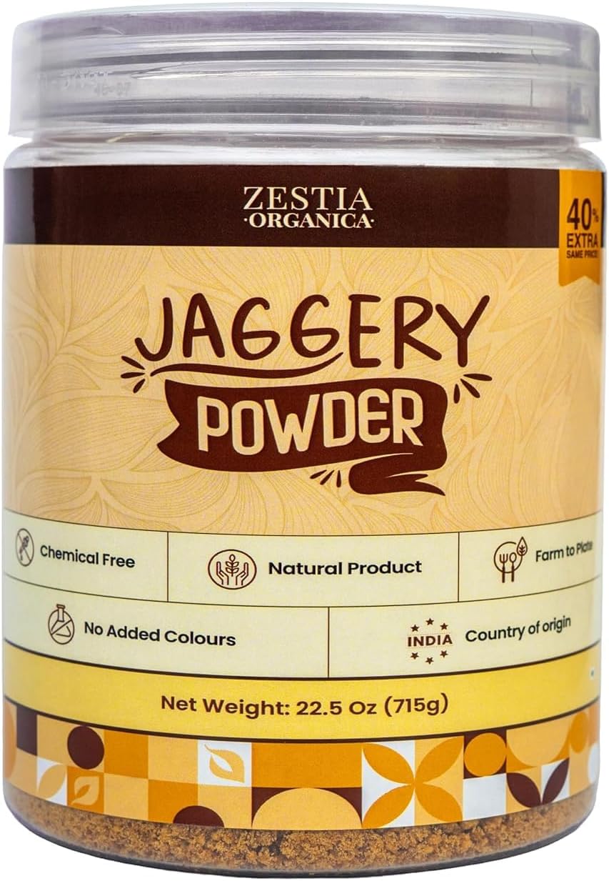 Jaggery Powder by Zestia Organica, 22.5 oz (715 g) 40% EXTRA – Unrefined Cane Sugar, Natural, Chemical Free, Substitute Alternative to Sugar, Vegan, Gluten Free | Product of India