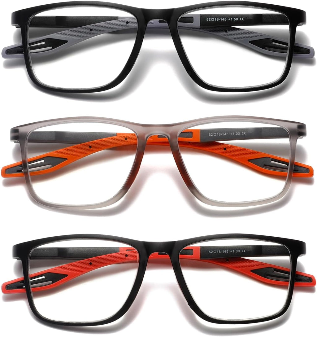 Hubeye TR90 Sports Reading Glasses for Men and Women Ultralight Flexible Anti-Blue Light Readers（Black+Red+Orange，+1.5）