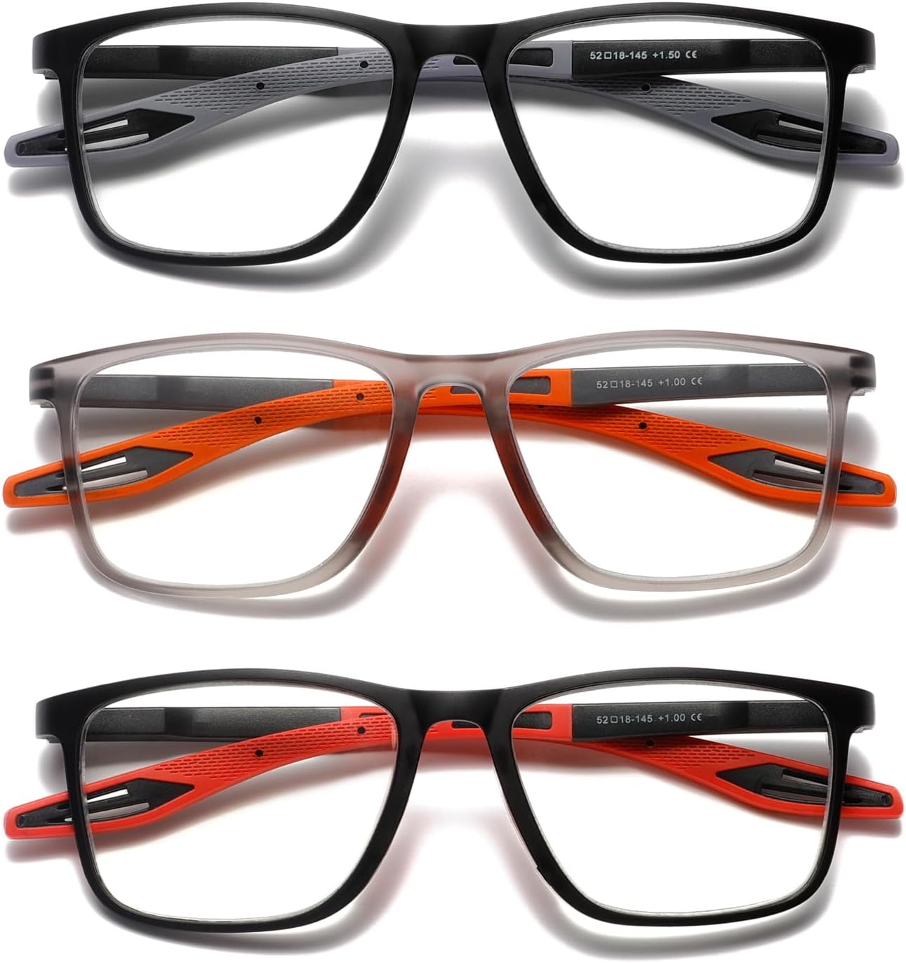 Hubeye TR90 Sports Reading Glasses for Men and Women Ultralight Flexible Anti-Blue Light Readers（Black+Red+Orange，+1.5）