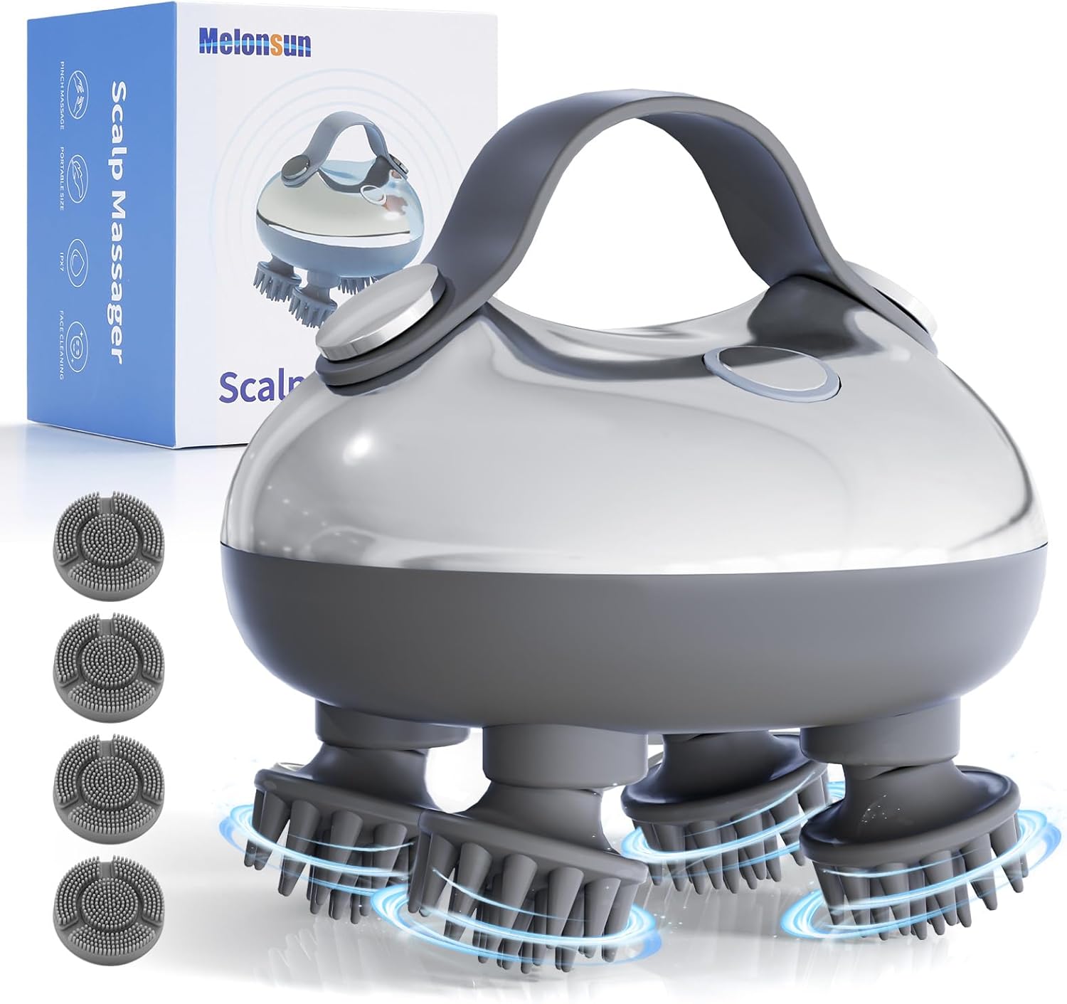 Electric Rechargeable Scalp Massager, IPX7 Waterproof Electric Head Massager with 2 Interchangeable Heads (100 Anti-Tangle Scalp Nodes & 1000+ Facial Cleansing Dots), 3 Speeds & 2 Functions, USB-C