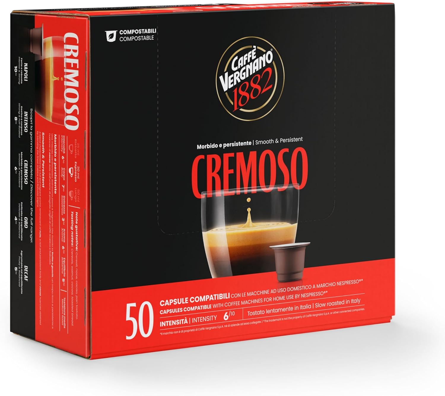 Caffe Vergnano 1882 Medium Roast Espresso Original Line Machine Compatible Capsules, Arabica Robusta Espresso Coffee, Italian Coffee For Nespresso Coffee Machines, Intensity 6/10, Cremoso, 50 Ct