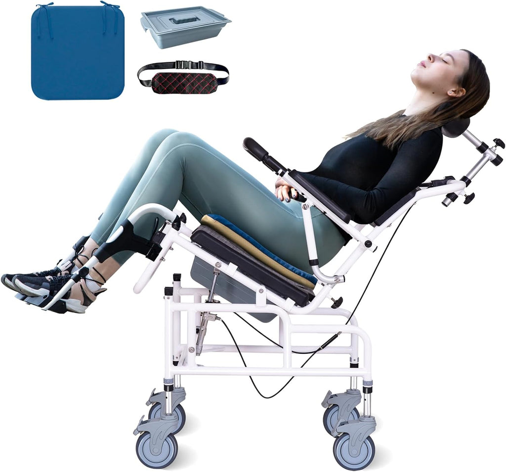 Reclining Shower Chair, Medical Shower Chair with Arms and Back Hospital Toilet Chair, Potty Chair for Adults Bathroom Wheelchairs with Soft Seat Cushions and Safety Belts