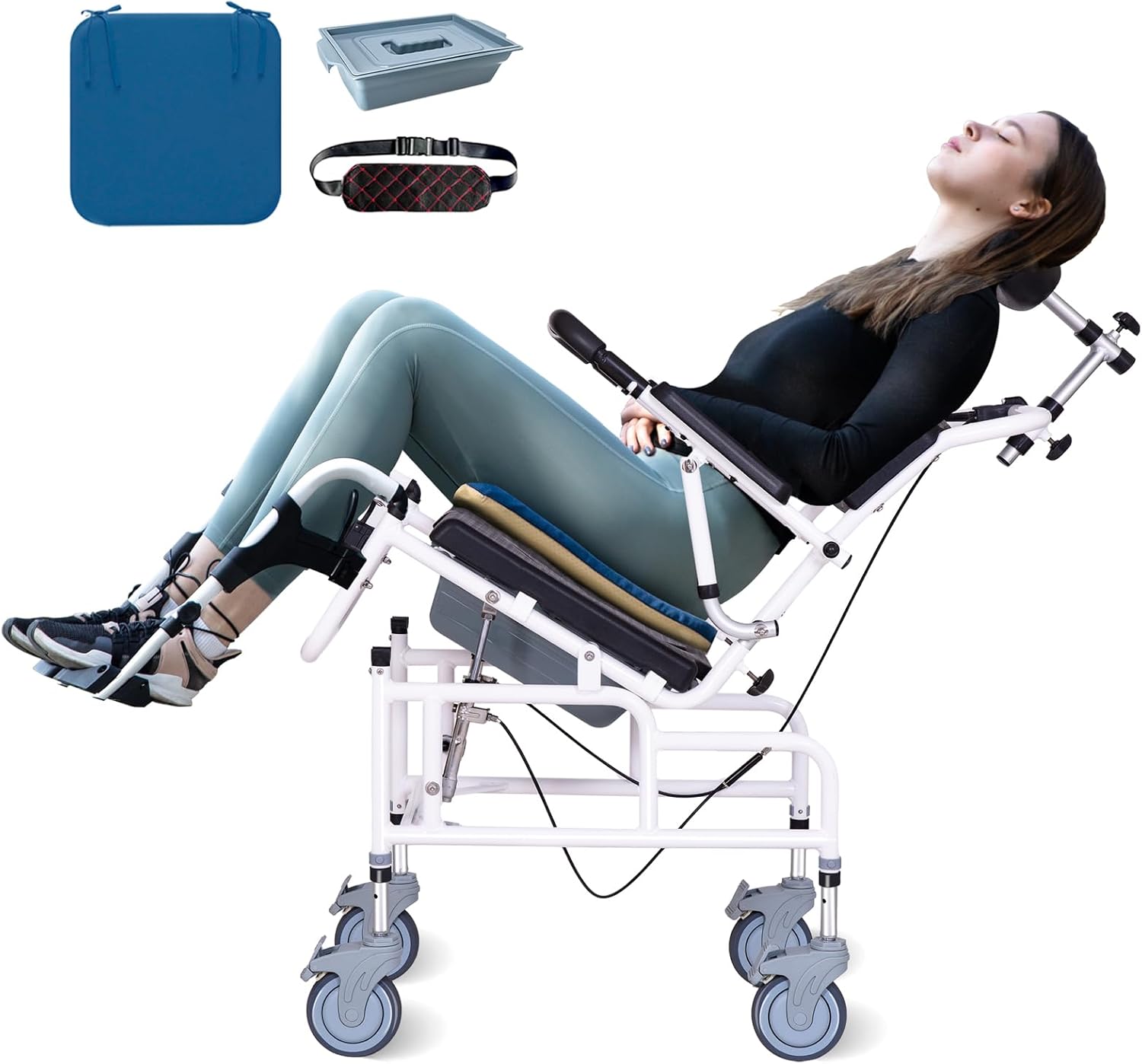 Reclining Shower Chair, Medical Shower Chair with Arms and Back Hospital Toilet Chair, Potty Chair for Adults Bathroom Wheelchairs with Soft Seat Cushions and Safety Belts