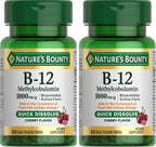 Nature's Bounty Vitamin B-12 Quick Dissolve Tablets,1000mcg,Aids in The Conversion of Food into Cellular Energy,Cherry Flavor,60ct,(Pack of 2)