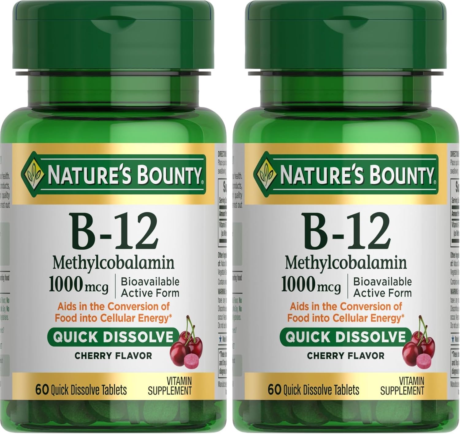 Nature's Bounty Vitamin B-12 Quick Dissolve Tablets,1000mcg,Aids in The Conversion of Food into Cellular Energy,Cherry Flavor,60ct,(Pack of 2)