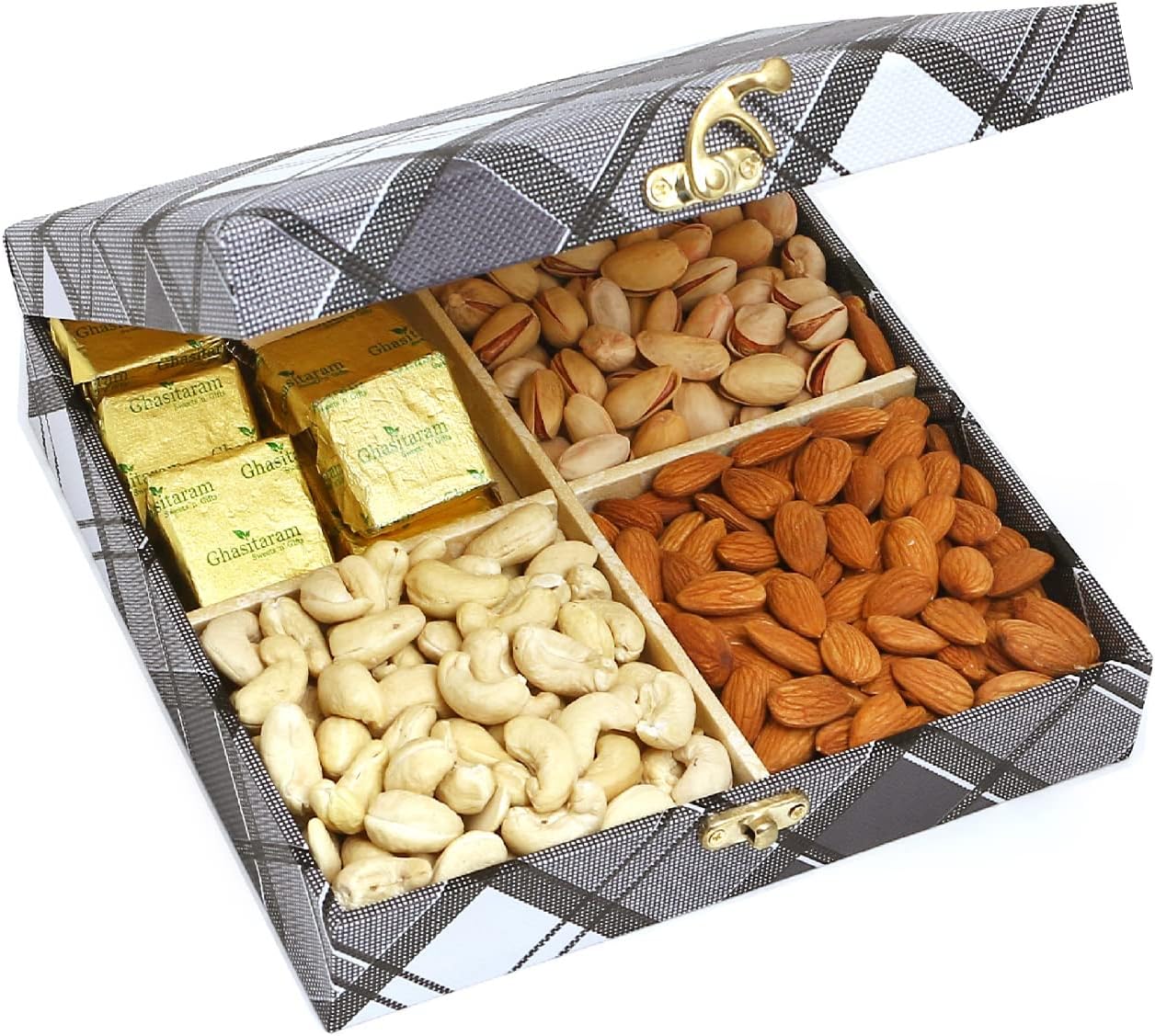 Jaiccha Ghasitaram Cross Check Wooden Dryfruits Box with Chocolates|Gift for Diwali Gifts,Holi,Rakhi,Valentine,Christmas,Birthday,Anniversary,Her,Him|