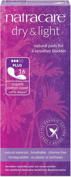 Natracare Dry & Light, Plus, Natural and Absorbent Pads with Organic Cotton Cover for Light Urinary Incontinence (1 Pack, 16 Pads Total)