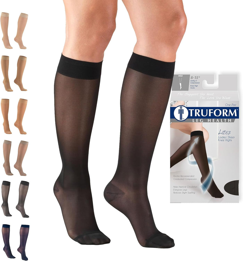Truform Sheer Compression Stockings, 8-15 mmHg, Women's Knee High Length, 20 Denier, Black, Large