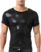 QiaTi Men's Faux Leather Polo Shirts Short Slevees Tops with Zipper Men Muscle Fit Collared Shirts for Casual Club