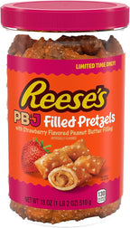 Reese's Filled Pretzels, Peanut Butter and Strawberry Flavored Pretzel Nuggets, Crunchy, Ready to Eat, Sweet and Salty Snack, 18 oz Cannister