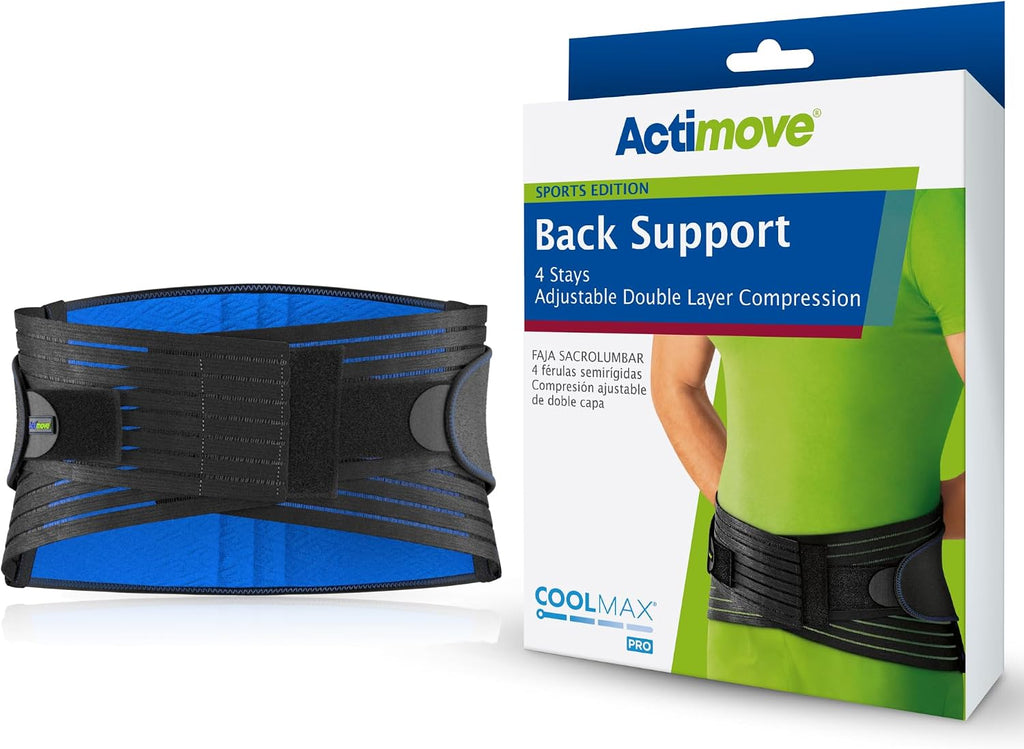 Actimove® SPORTS EDITION Back Support, 4 Stays with Adjustable Double Layer Compression - For Pain Relief with Comfort – Black, Large