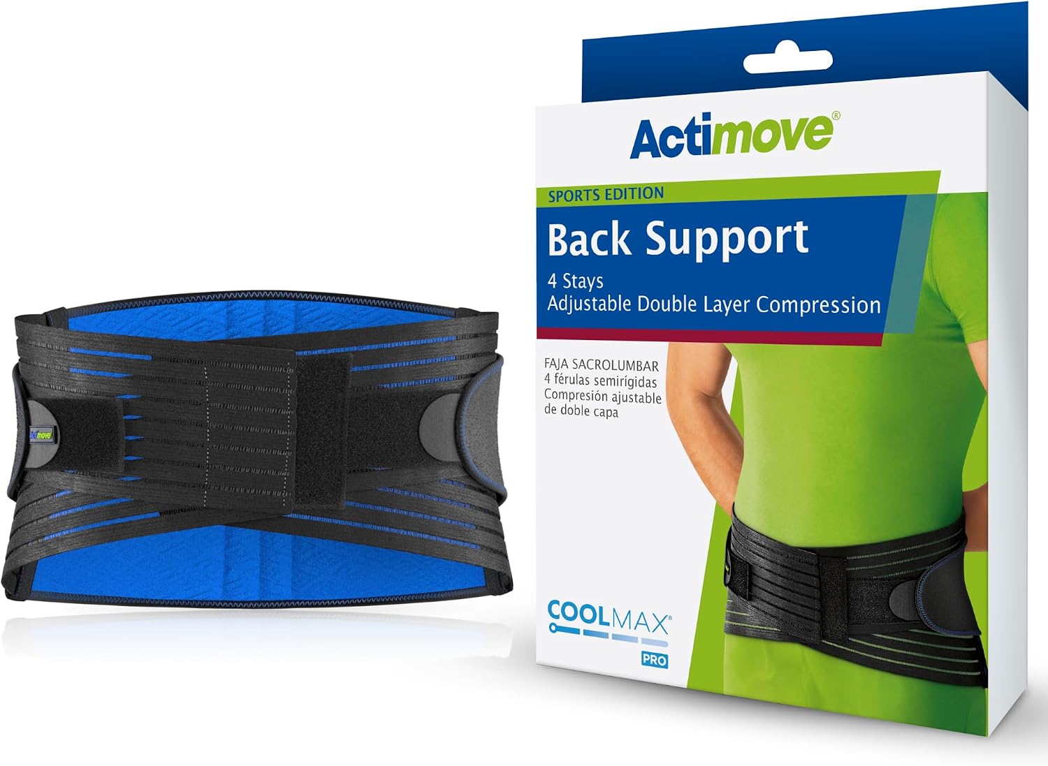 Actimove® SPORTS EDITION Back Support, 4 Stays with Adjustable Double Layer Compression - For Pain Relief with Comfort – Black, Large