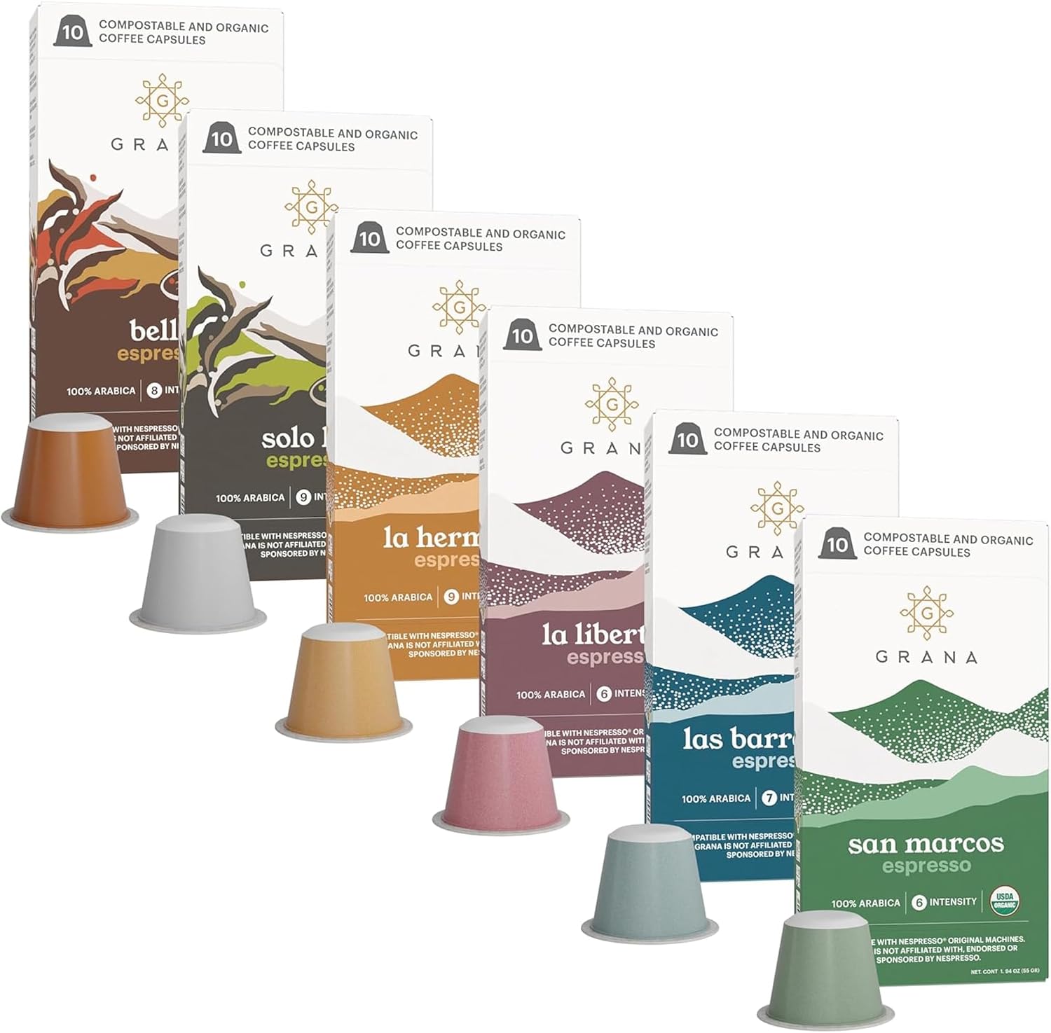 G GRANA Coffee Pods, Compatible with Nespresso OriginalLine, 60 Count, Medium and Dark Roast Espresso, USDA Organic 100% Arabica Single Source Specialty Coffee, Compostable Capsules, Variety Pack