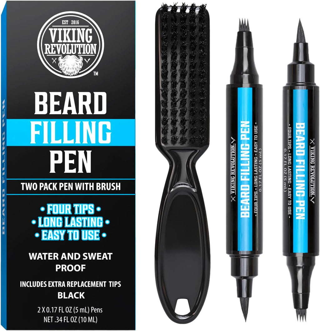 Viking Revolution Beard Pen (2 Pack) - Black Beard Pencil Filler for Men Lapiz para Barba de Hombre - Beard Filler for Men Waterproof Beard Filling Pen Kit - Long Lasting Beard Filler Pen with Brush