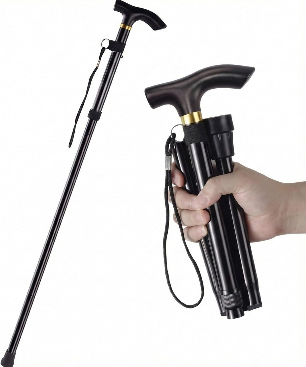 WALWAL Folding Walking Cane 5-Level Adjustable Aluminum Hiking Stick Collapsible Travel Support with Non-Slip Base for Seniors and Adults