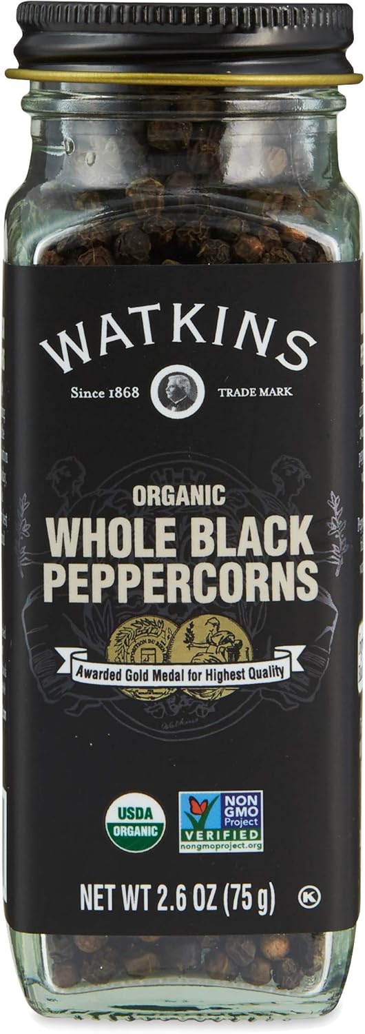 Watkins Gourmet Organic Spice Jar, Whole Black Peppercorns, Non-GMO, Kosher, 2.6 oz. Bottle, 1-Pack