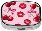 ABLESKY Pill Box, 2 Compartment Pill Organizer Case for Pocket or Purse, Small Portable Metal Travel Medicine Box with Mirror, Daily Vitamins Fish Oil Container-Cherry Pink Bow with Red Lips