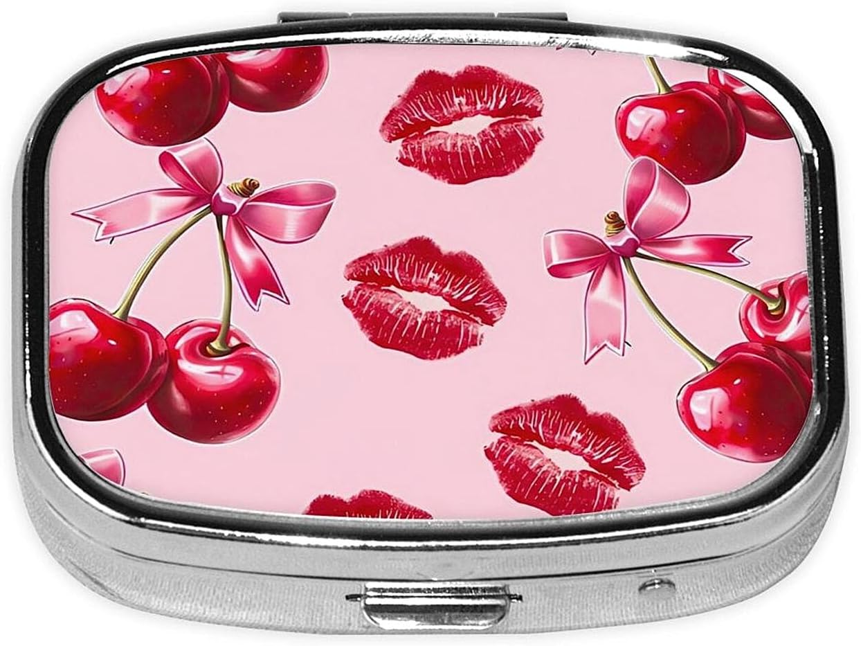 ABLESKY Pill Box, 2 Compartment Pill Organizer Case for Pocket or Purse, Small Portable Metal Travel Medicine Box with Mirror, Daily Vitamins Fish Oil Container-Cherry Pink Bow with Red Lips