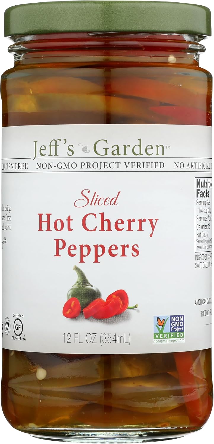 Jeff's Garden, Peppers Hot Cherry Sliced, 12 Fl Oz