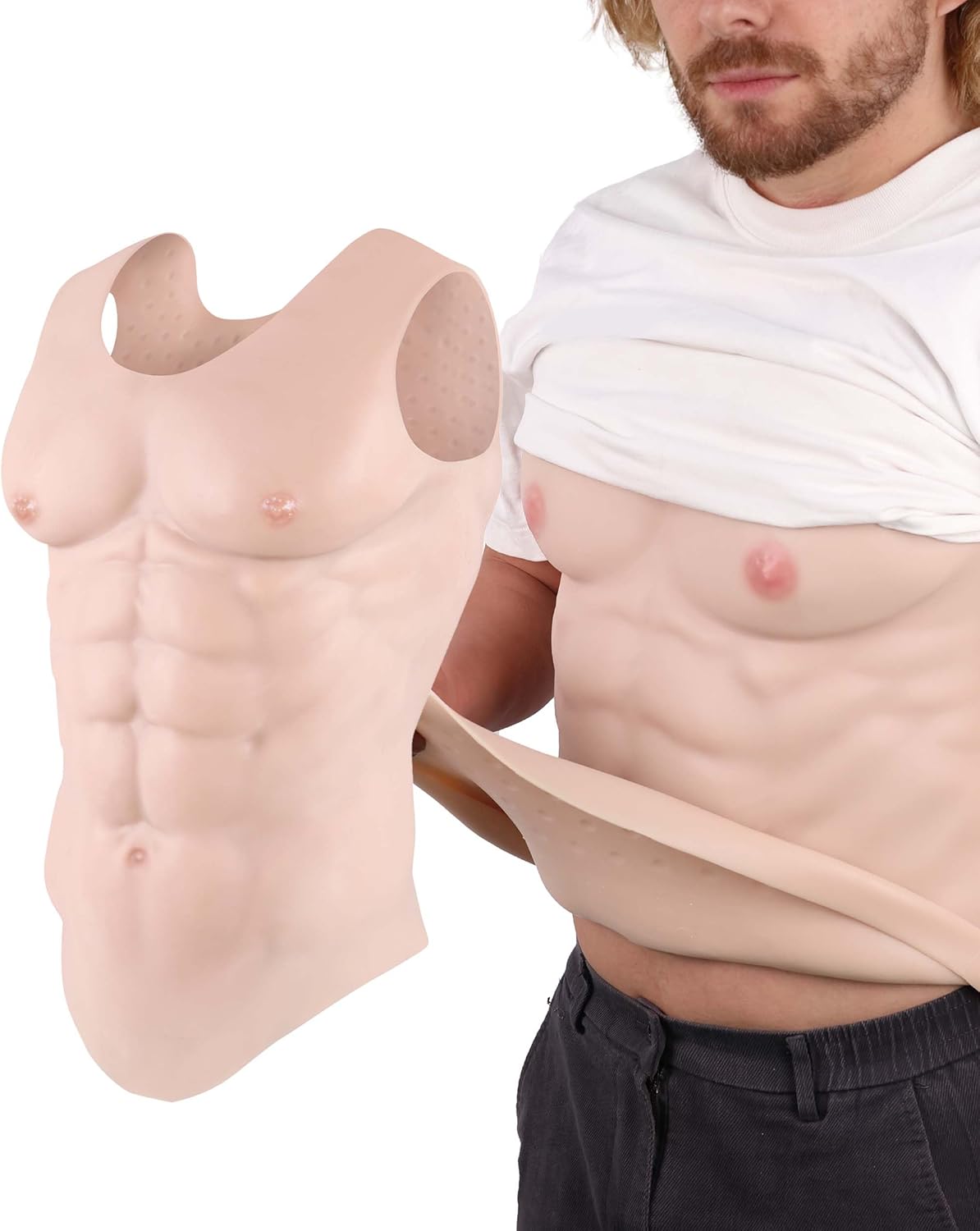Realistic Silicone Muscle Suit Men Chest Plate Enhanced Fake Abs & Pecs Vest for Cosplay, Halloween, Costume Party