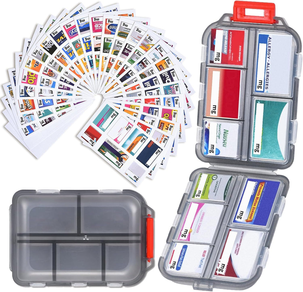 Travel Pill Organizer with 189 Medicine Labels, 10 Compartments Small Pill Case Compact and Portable Travel Pill Box for Airplane Car Purse Nurse Vacation Essentials (Gray, 1 Pack)
