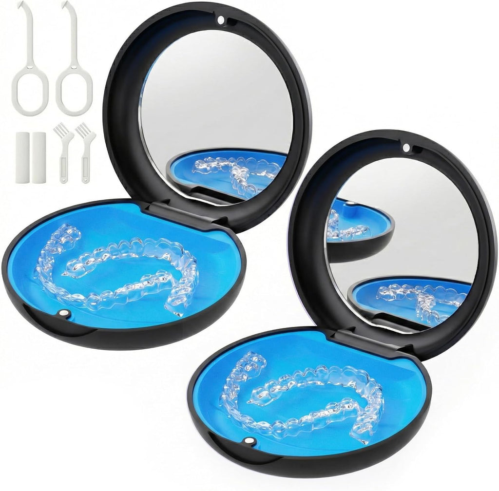 2 Pack Retainer Case with Mirror, Magnetic Aligner Case Compatible with Invisalign, Portable Slim Orthodontic Storage Kit for Clear Aligners - Black