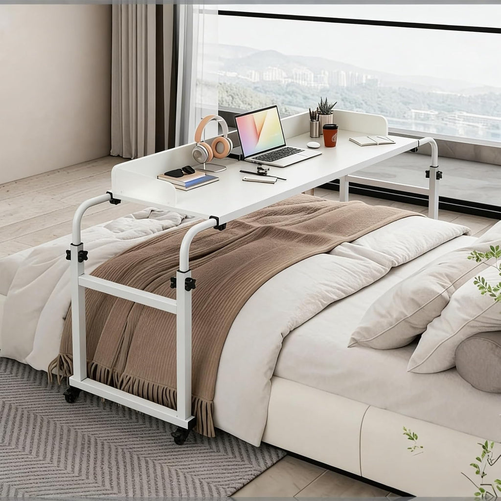Over Bed Table with Wheels, Overbed Table, Mobile Bed Desk with Raised Baffle, 25.6-37.4in Height and 3.94-6.89ft Length Adjustable, Mobile Bed Desk for Laptop Food Bedroom Living Room Office