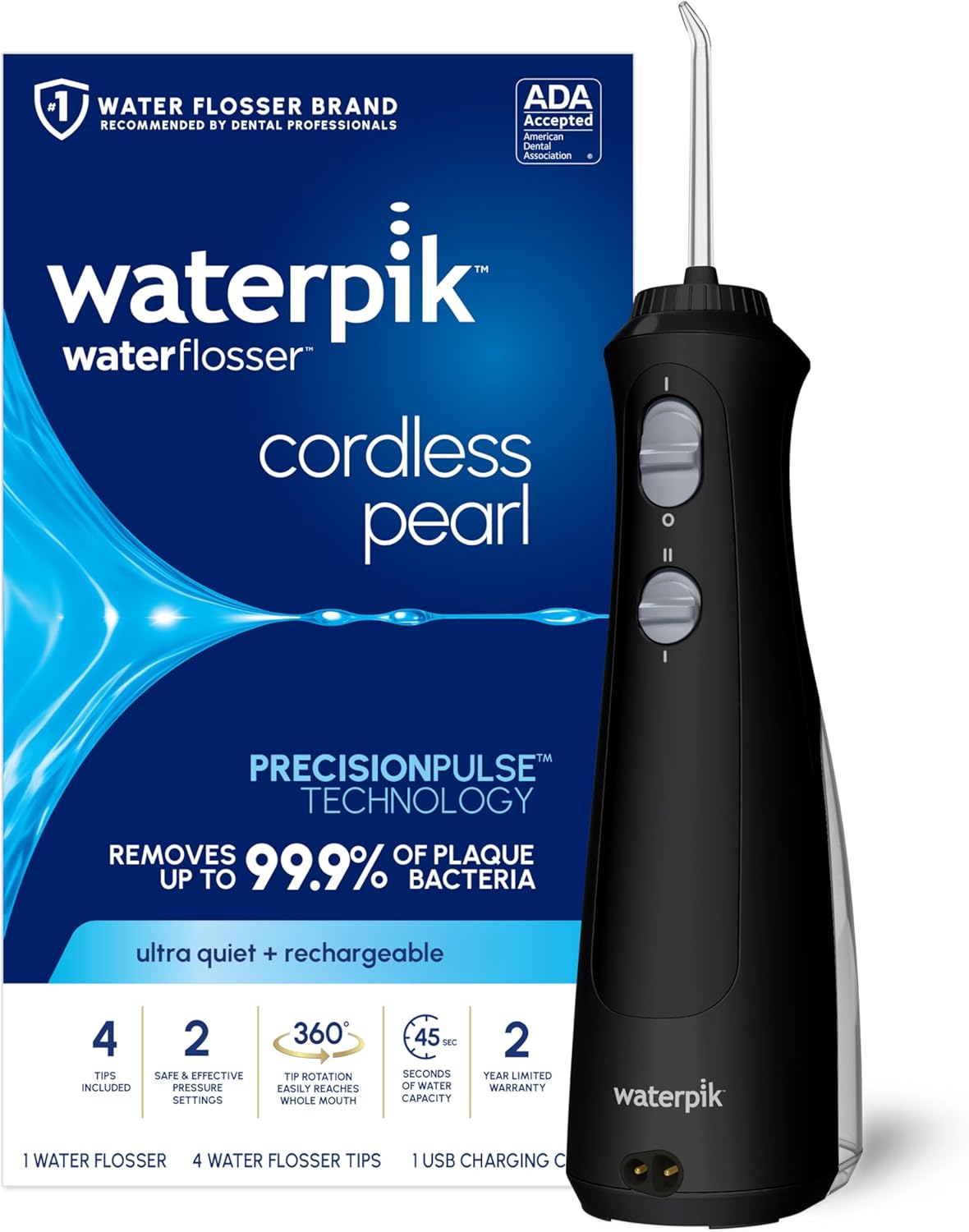 Waterpik Cordless Pearl Rechargeable Portable Water Flosser for Teeth, Gums, Braces Care and Travel, Extra Quiet, 4 Flossing Tips - ADA Accepted, WF-13 Black, Amazon Exclusive