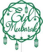 Eid Mubarak Cake Topper, Hajj Mubarak Decor, Muslim Islam Festival Anniversiry Party Decorations, Happy Ramadan Moon Star Eid Decoration Supplies Green Glitter