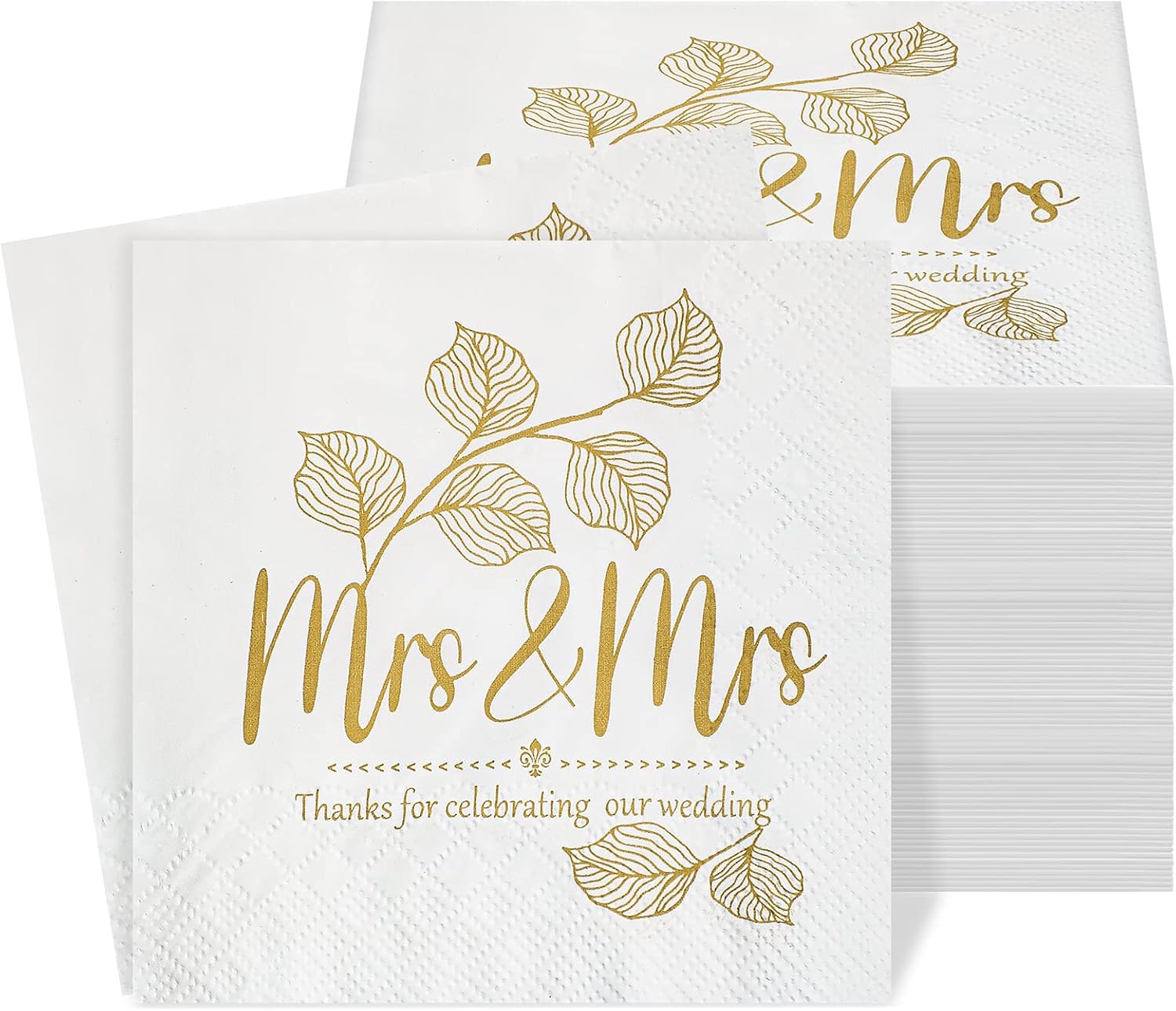 Kosiz 200 Pcs Mrs and Mrs Wedding Napkins Gold Cocktail Beverage Dessert 3 Ply Paper Napkins for Reception Lesbian Wedding Decorations for Cake Table LGBT Engagement Party Shower