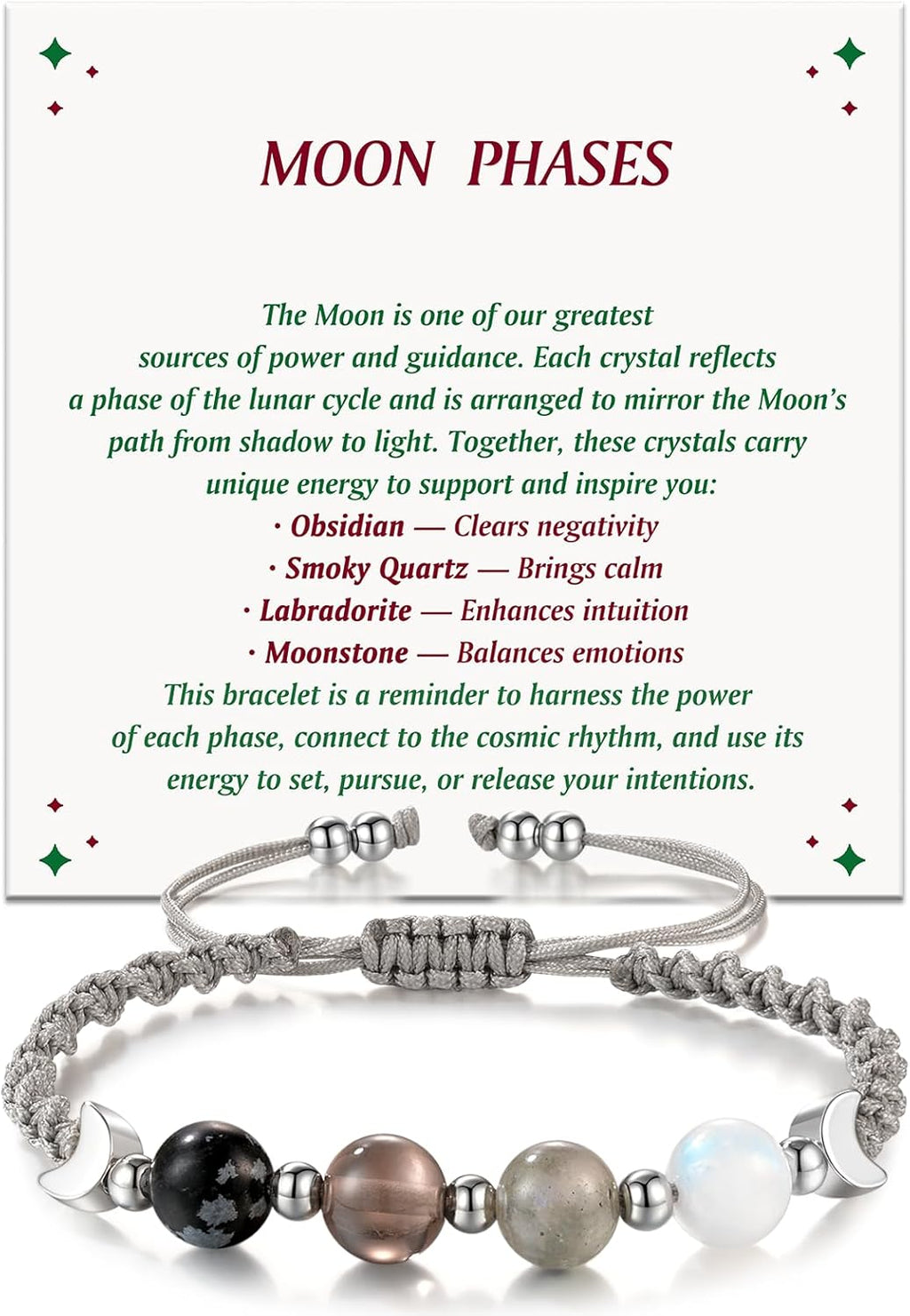 Moon Phase Crystal Healing Bracelet for Women, Natural Stone Beaded Bracelet with Moonstone, Spiritual Bracelets for Intuition, Emotional Balance, Intention Setting, Gifts for Her