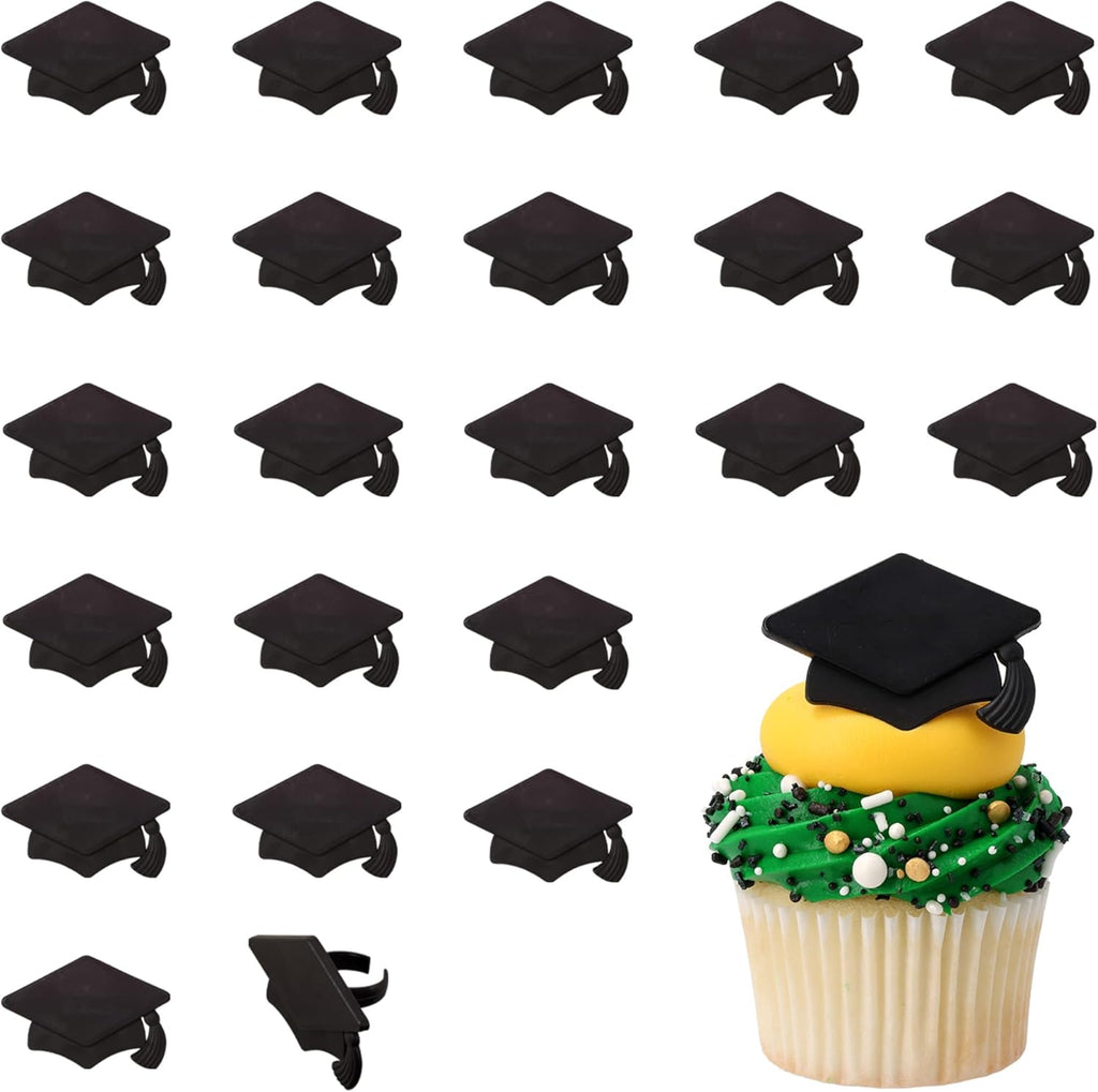 DecoPac Grad Hat Cupcake Toppers, 24 Graduation Cake Decorations, Black Grad Hat Rings, Food Safe Cake Decorations - 24 Pack