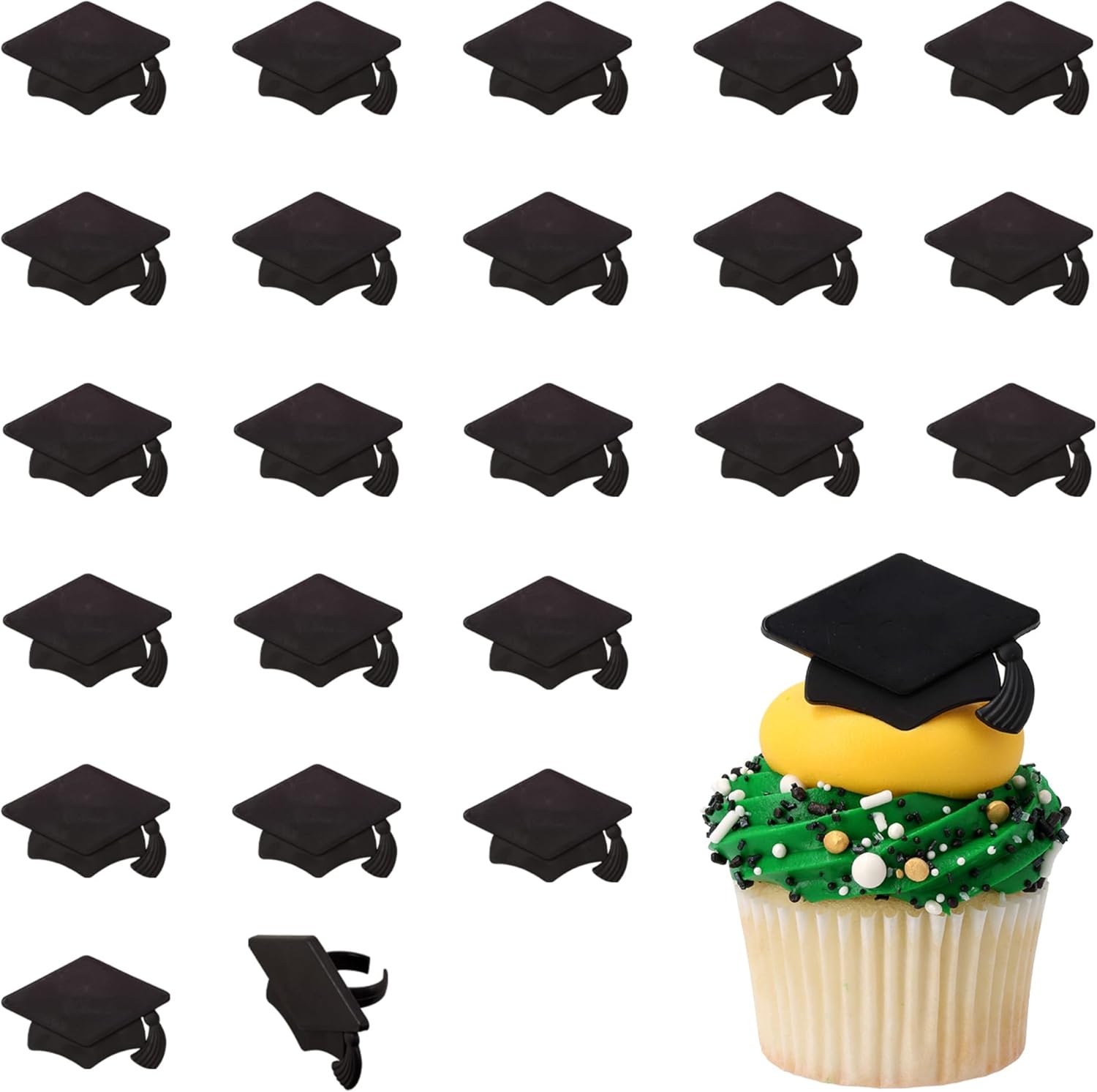 DecoPac Grad Hat Cupcake Toppers, 24 Graduation Cake Decorations, Black Grad Hat Rings, Food Safe Cake Decorations - 24 Pack