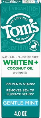 Tom's of Maine Whiten Plus Coconut Oil Fluoride Free Toothpaste, Natural Whitening Toothpaste with Coconut Oil and Plant-Based Cleansers, Whitens Without Causing Sensitivity, Gentle Mint, 4.0 Oz