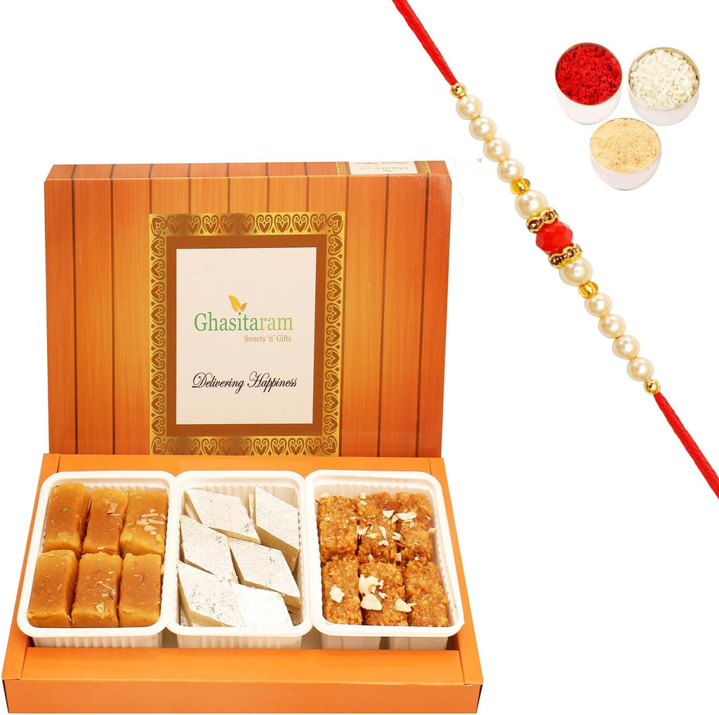 Ghasitaram Gifts Rakhi Gifts for Brothers Rakhi Sweets - Assorted Box of Kaju Katli, Milk Cake and Soft Mysore Pak with Pearl Beads Rakhi