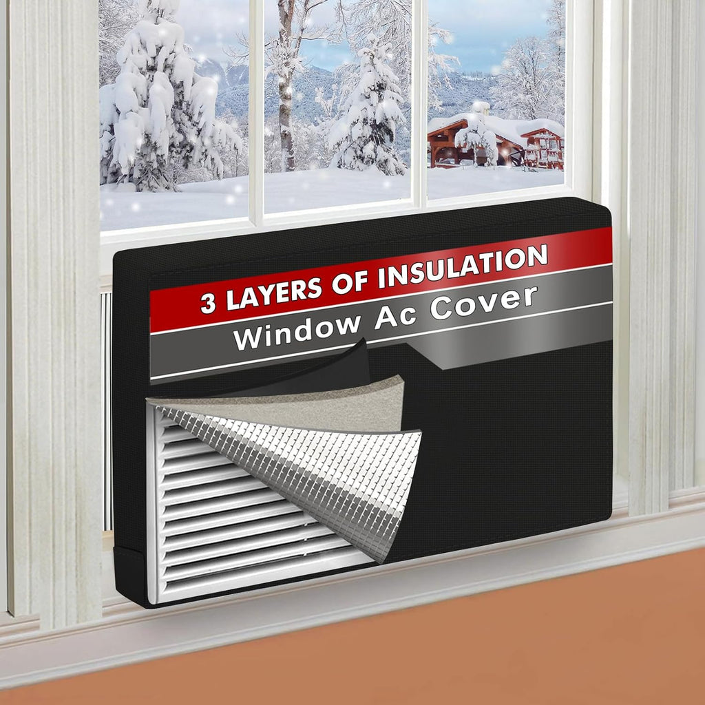 Air Conditioner Covers for Inside 21"W x 15"H x 3.5"D, Windproof and Waterproof 3 Layers Insulation Window Air Conditioner Cover with Aluminum Foil and 2mm Foam, Black