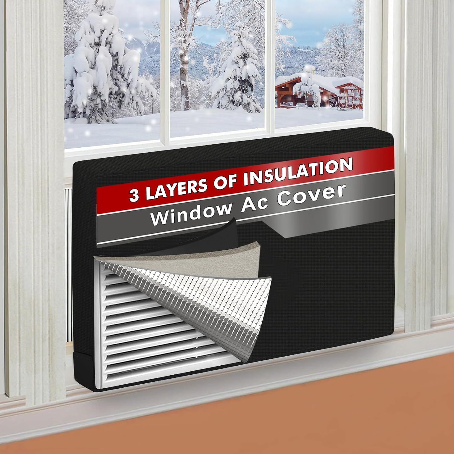 Air Conditioner Covers for Inside 21"W x 15"H x 3.5"D, Windproof and Waterproof 3 Layers Insulation Window Air Conditioner Cover with Aluminum Foil and 2mm Foam, Black